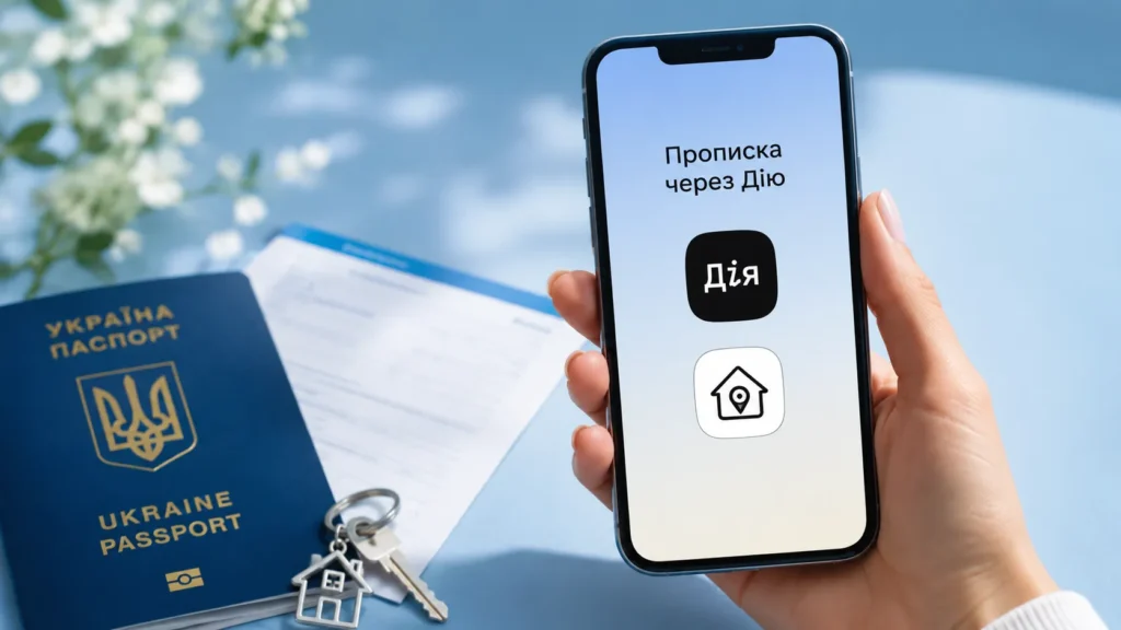 Смартфон з застосунком Дія, ключі з брелком-будиночком і документи — ілюстрація до гайду про прописку через Дію