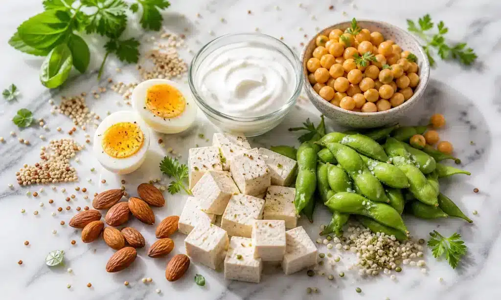 Продукти з білком без м'яса: яйця, грецький йогурт, нут, тофу, едамаме, мигдаль і насіння конопель на мармурі