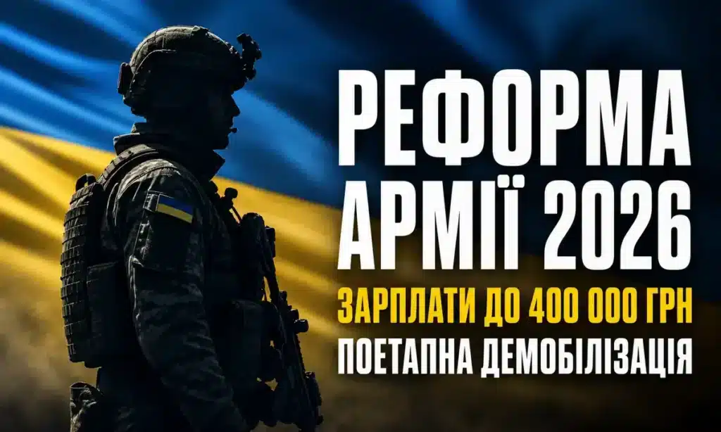 Український військовий на тлі прапора України — реформа армії 2026: зарплати до 400 тисяч гривень та поетапна демобілізація