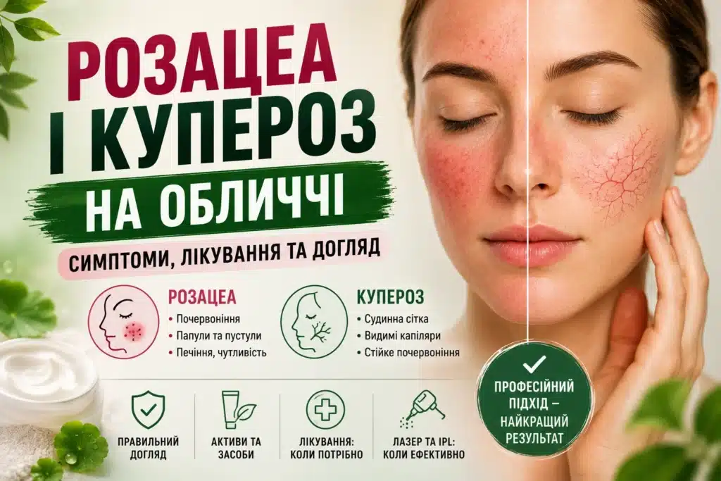 Розацеа і купероз на обличчі: почервоніння, видимі капіляри та судинна сітка, симптоми, лікування і правильний догляд за чутливою шкірою.