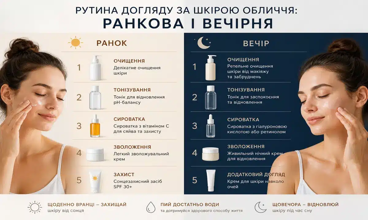 Інфографіка рутина догляду за шкірою обличчя: ранкова і вечірня — покрокова схема з іконками засобів і жінкою що наносить крем