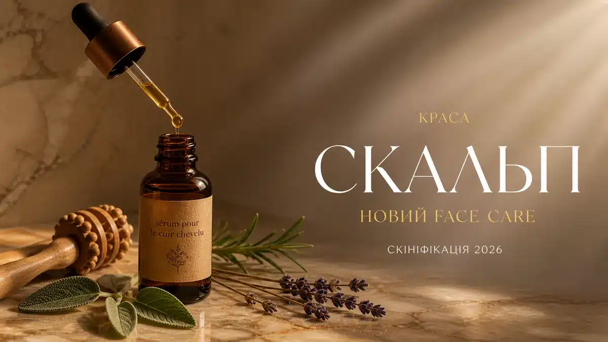 Сироватка для скальпу у бурштиновому флаконі з піпеткою, дерев'яний масажер для шкіри голови, листя шавлії та лаванди — догляд за скальпом скініфікація 2026