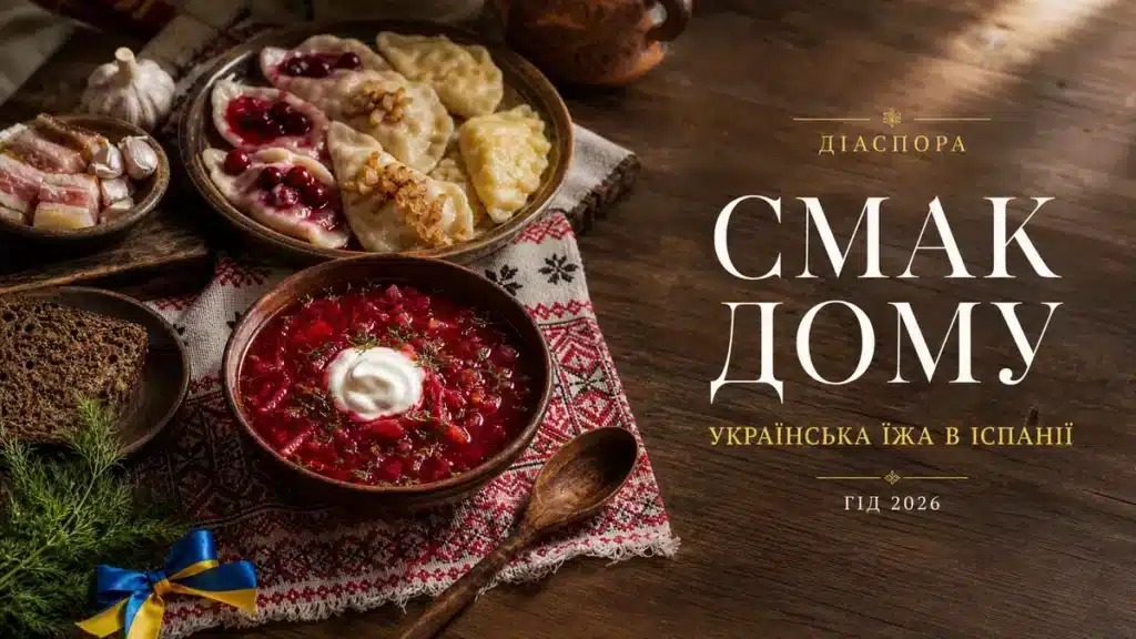 Українська традиційна їжа на дерев'яному столі — борщ зі сметаною, варетники з вишнями і картоплею, сало з часником, чорний хліб і вишивальний рушник з синьо-жовтим бантом