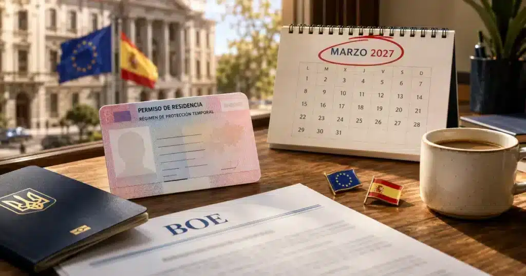Тимчасовий захист в Іспанії до 2027 року: TIE permiso de residencia з режимом Protección Temporal, календар березень 2027 і документ BOE