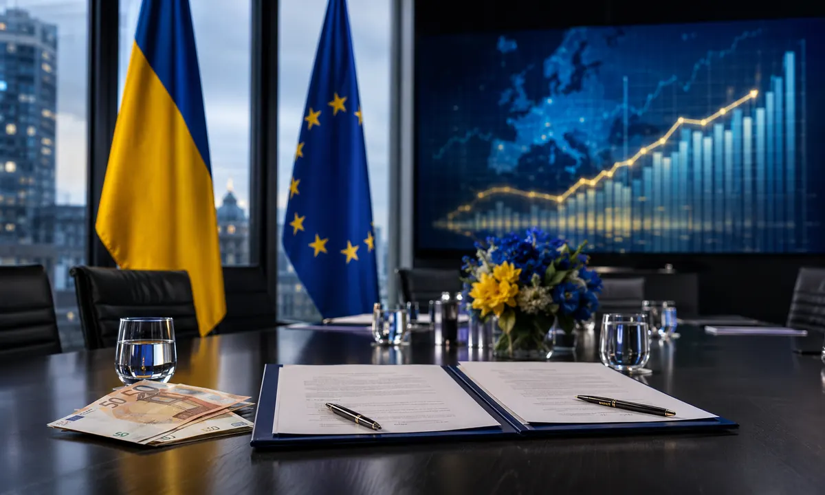 Прапори України та ЄС на тлі документів про фінансову допомогу