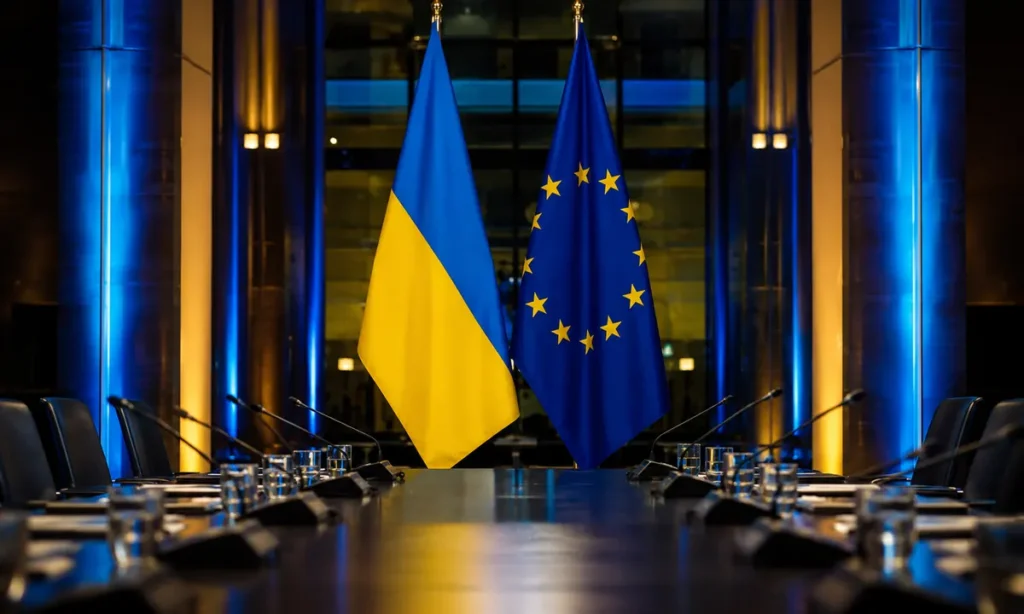 Прапори України та Європейського Союзу під час політичних переговорів про членство України в ЄС