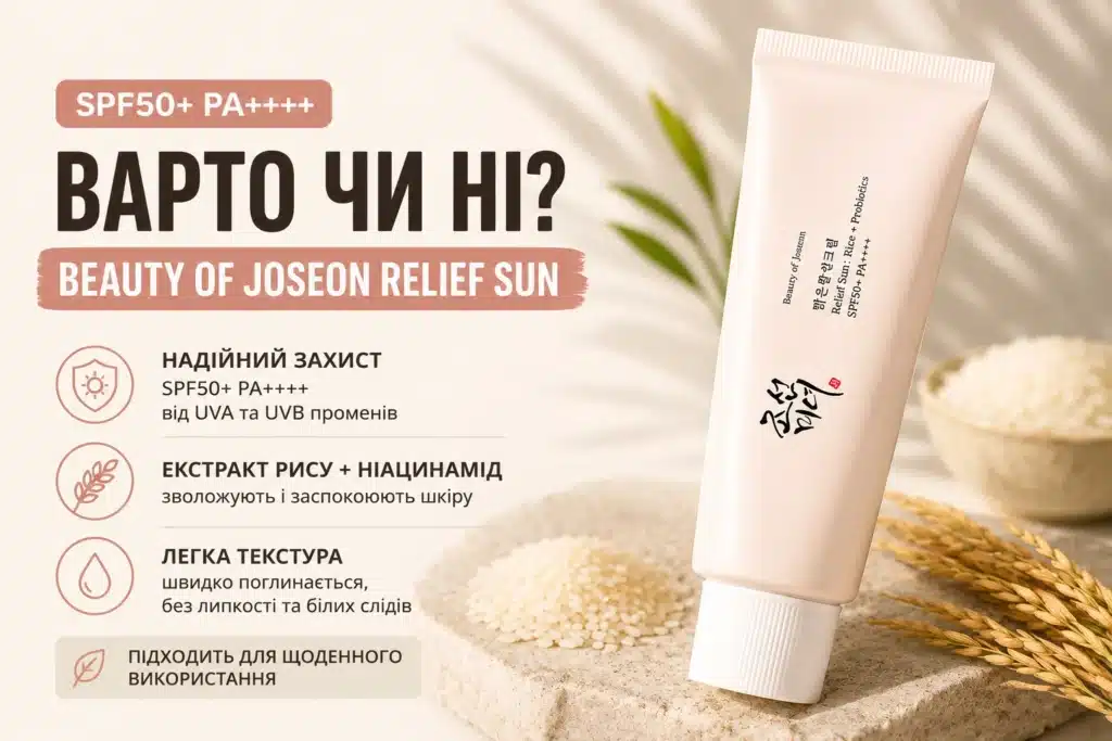Beauty of Joseon Relief Sun SPF50+ PA++++ з екстрактом рису та ніацинамідом, корейський сонцезахисний крем із легкою текстурою.