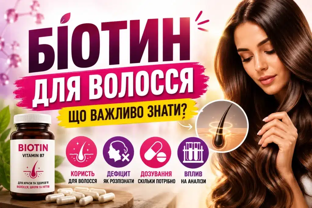 Біотин для волосся: користь, ознаки дефіциту, дозування та вплив добавок біотину на результати лабораторних аналізів.