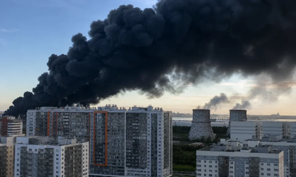 Чорний дим над містом після атаки дронів у районі Санкт-Петербурга