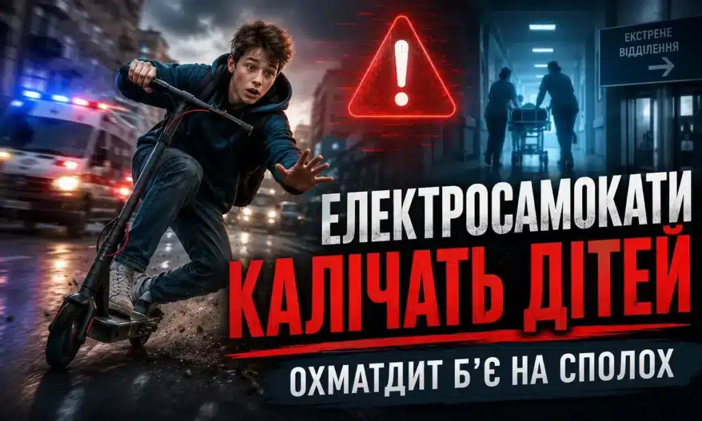 Підліток на електросамокаті та попередження про небезпеку травм у дітей