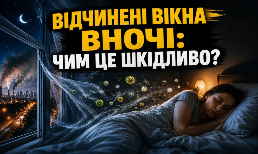 Відчинене вікно вночі, через яке до спальні потрапляють пилок, пил і забруднене повітря