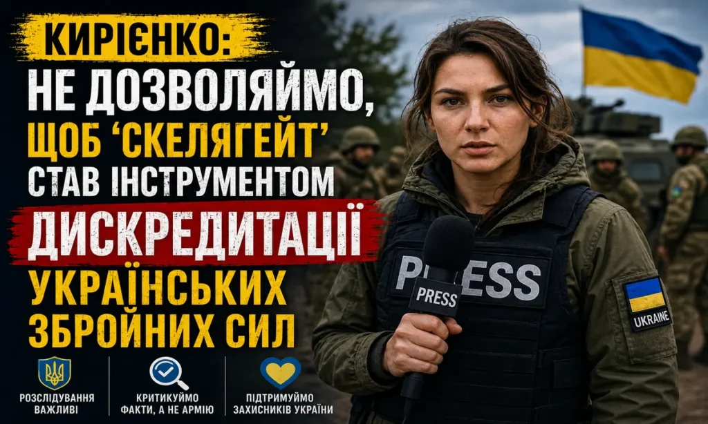 Воєнна кореспондентка на тлі українських військових і прапора України