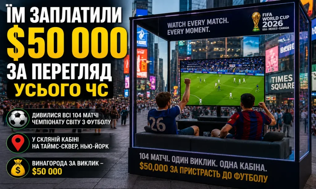 Двоє футбольних уболівальників дивляться матчі ЧС у скляній кабіні на Таймс-сквер