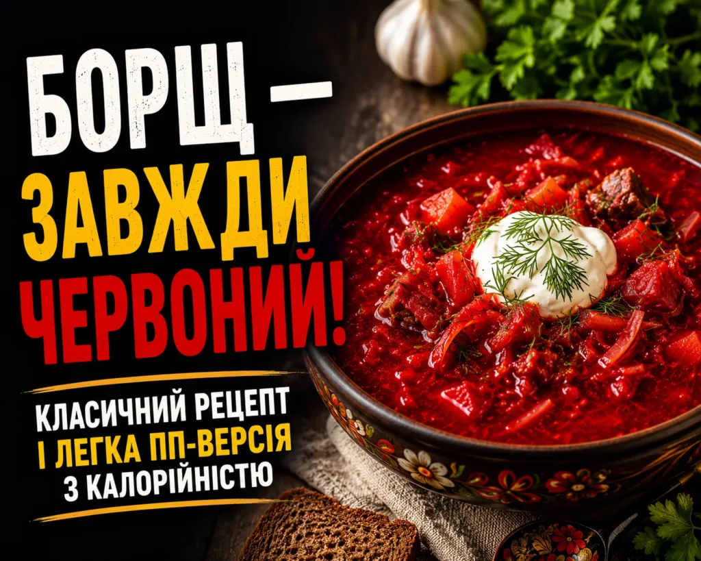 Український червоний борщ у традиційній мисці — насичено-червоний борщ з м'ясом, ложкою сметани, кропом і чорним хлібом