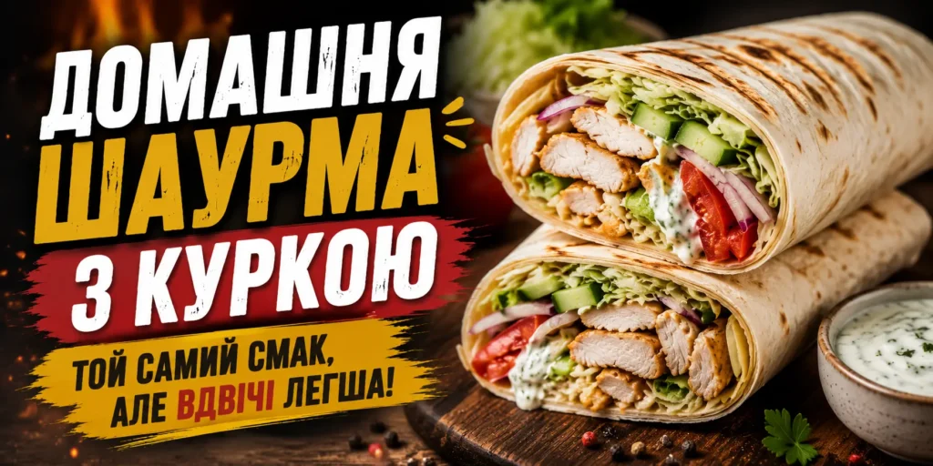 Домашня шаурма з куркою в розрізі — запечене філе, свіжі овочі та йогуртово-часниковий соус у підсмаженому лаваші