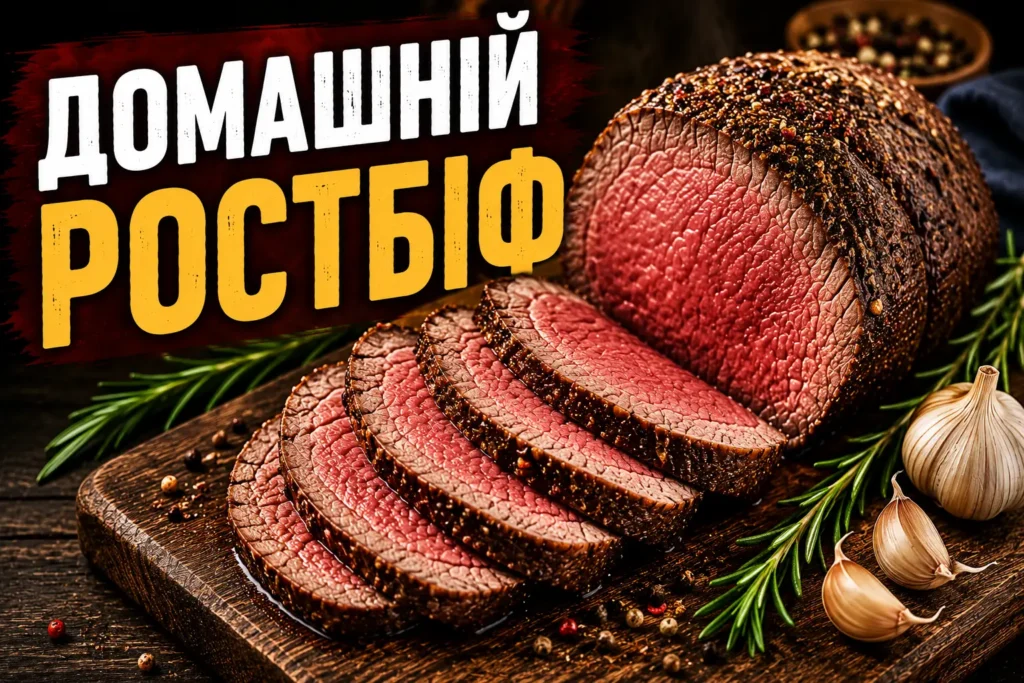 Домашній ростбіф із яловичини — запечений шматок м'яса medium rare, нарізаний тонкими скибочками з рожевим центром, з розмарином і часником