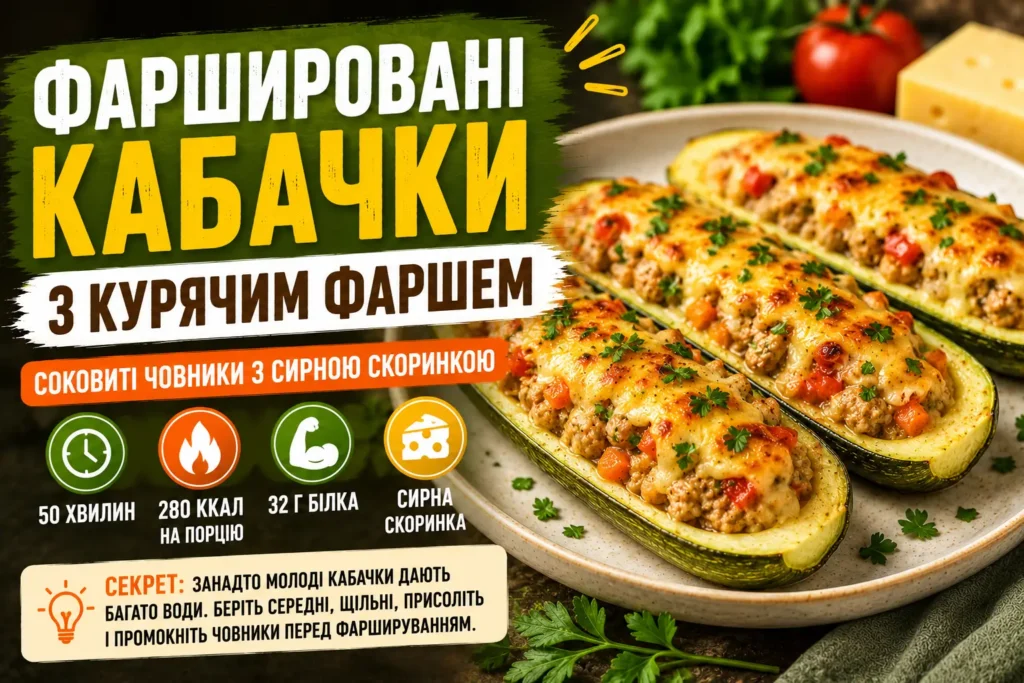 Фаршировані кабачки з курячим фаршем — човники з кабачків із начинкою та розплавленою сирною скоринкою, посипані зеленню