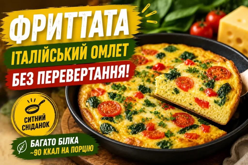 Фриттата на сковороді — італійський омлет із помідорами чері, шпинатом і сиром, порізаний на сектори