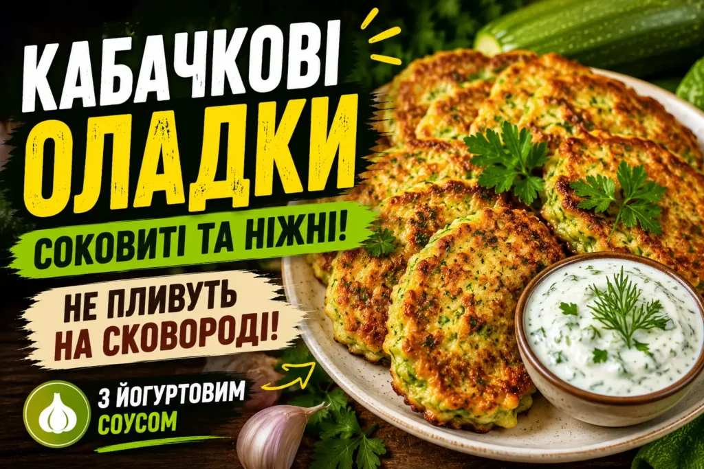 Кабачкові оладки на тарілці — золотаві оладки з зеленню та йогуртово-часниковим соусом, поруч свіжий кабачок і часник
