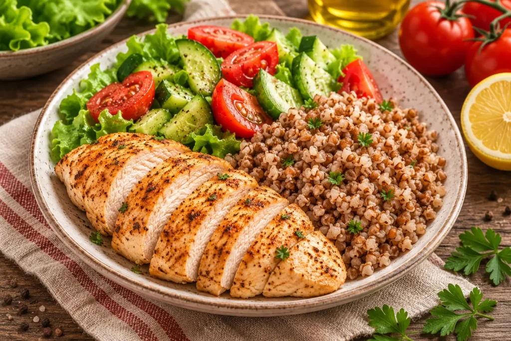 Куряче філе в духовці нарізане скибочками на тарілці з гречкою та салатом зі свіжих огірків і помідорів