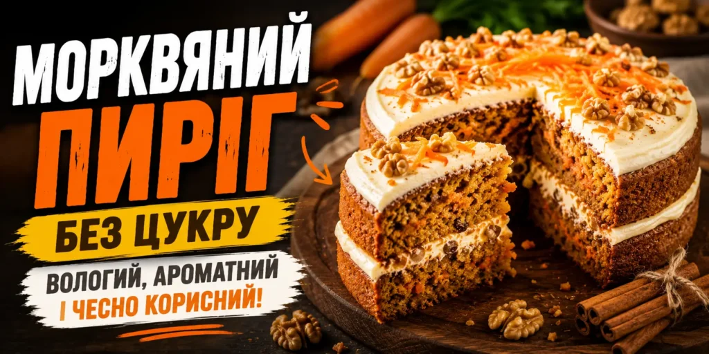 Морквяний пиріг без цукру в розрізі — вологі коржі з тертою морквою, сирний крем, волоські горіхи та палички кориці