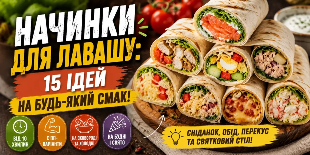 Начинки для лавашу — рулети з лавашу в розрізі з різними начинками: червона риба, курка, яйце з овочами, тунець і крабові палички