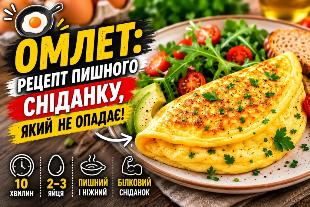 Пишний омлет складений навпіл на тарілці з авокадо, руколою, помідорами чері та цільнозерновим тостом — рецепт сніданку за 10 хвилин