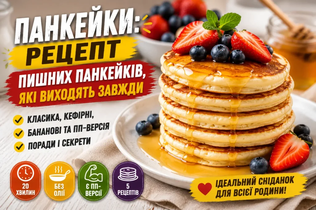Пишні панкейки стопкою на тарілці з медом, полуницею, чорницею та м'ятою — класичний рецепт