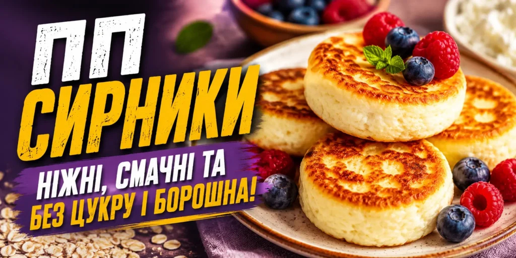 ПП сирники без цукру — золотаві сирники на тарілці з чорницею, малиною та м'ятою, поруч вівсяні пластівці