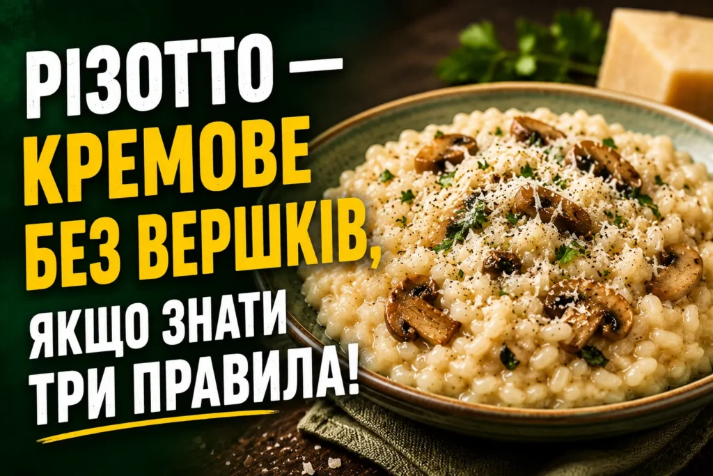 Різотто з грибами в тарілці — кремовий рис арборіо з печерицями, тертим пармезаном і зеленню
