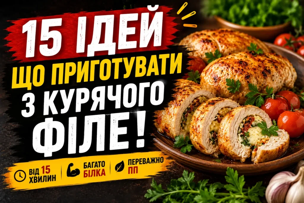 Що приготувати з курячого філе — курячі рулетики з сиром, зеленню та в'яленими помідорами в розрізі на тарілці з чері та петрушкою