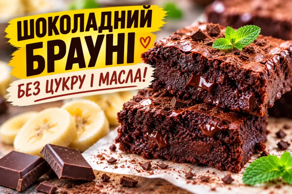 Шоколадний брауні без цукру — вологі квадратики брауні з підтіками темного шоколаду, банан і м'ята поруч