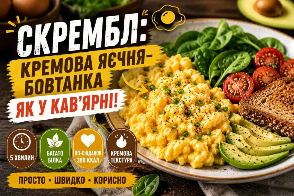 Скрембл — кремова яєчня-бовтанка на тарілці зі шпинатом, авокадо, помідорами чері та цільнозерновим тостом