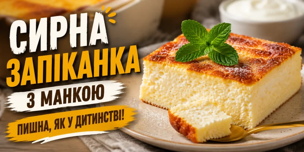 Пишна сирна запіканка з манкою — золотавий шматок з м'ятою на тарілці, поруч сметана