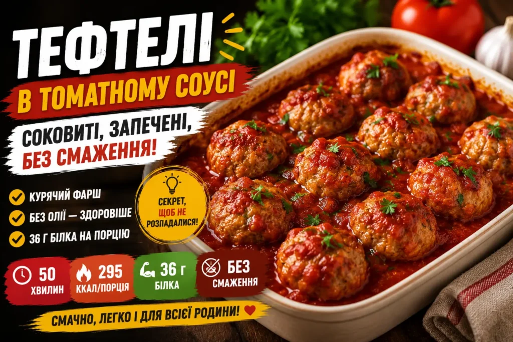 Тефтелі в томатному соусі у формі для запікання — соковиті м'ясні кульки з курячого фаршу в томатній підливі з зеленню