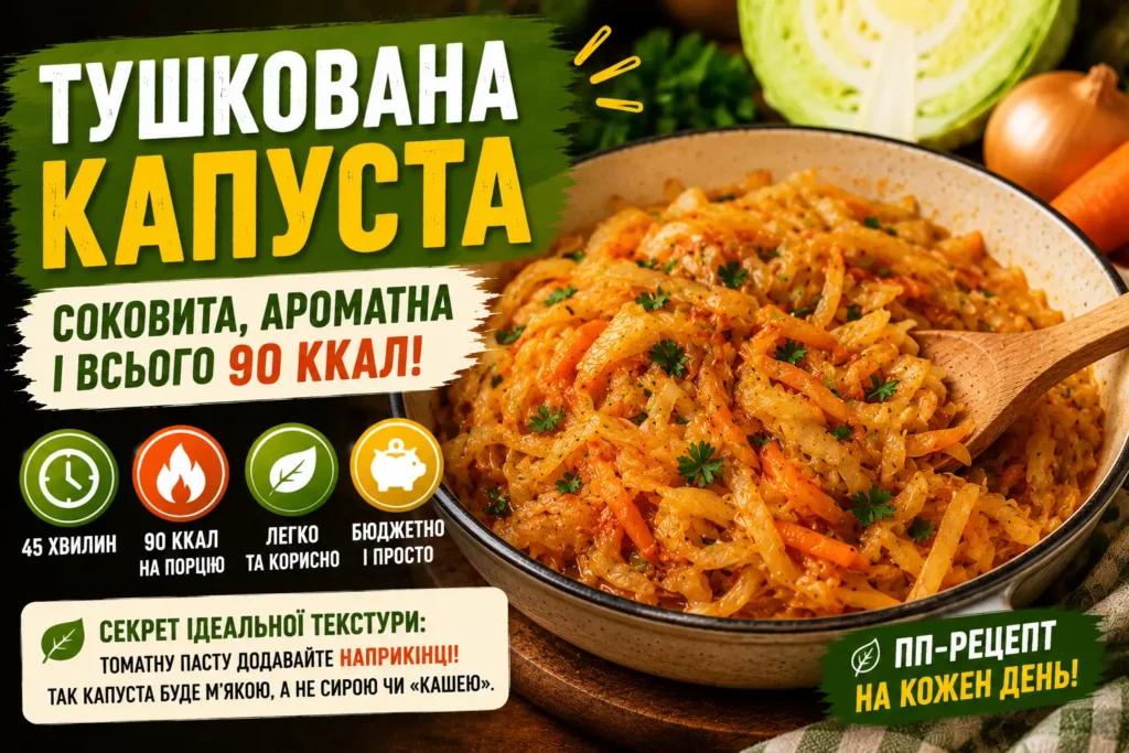 Тушкована капуста в мисці — соковита нашаткована капуста з морквою в томаті, посипана зеленню, з дерев'яною ложкою