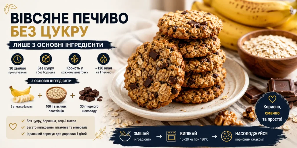 Вівсяне печиво без цукру з бананом і шматочками чорного шоколаду на тарілці — поруч стиглі банани та вівсяні пластівці
