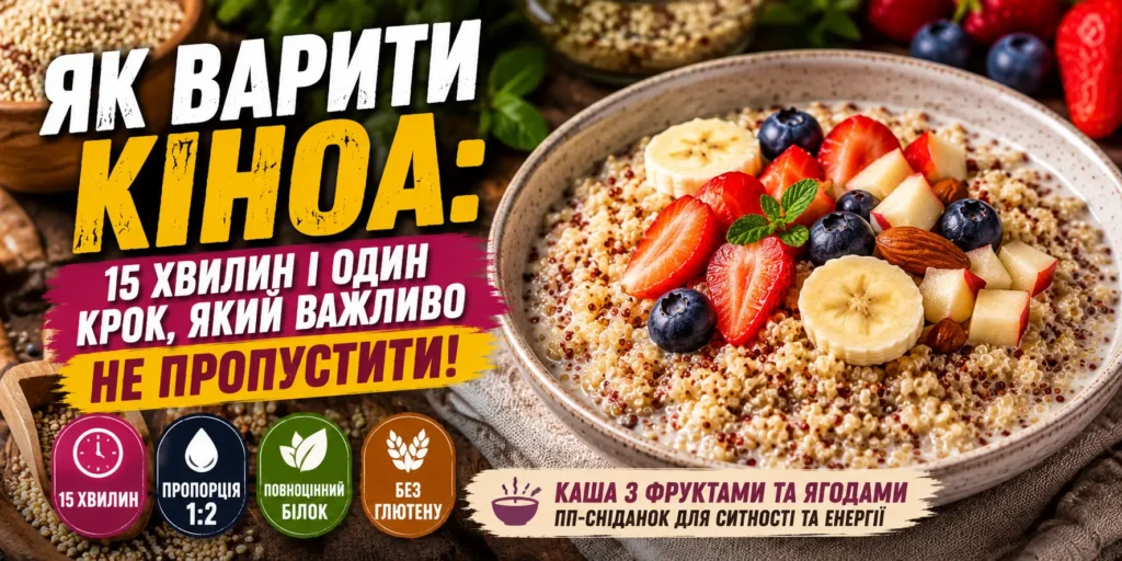 Як варити кіноа — каша з кіноа з полуницею, чорницею, бананом, яблуком і горіхами у тарілці, поруч суха кіноа