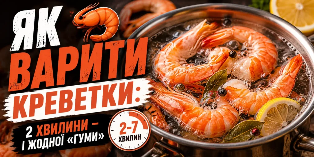 Як варити креветки — королівські креветки в каструлі з окропом, лавровим листом, перцем горошком і лимоном