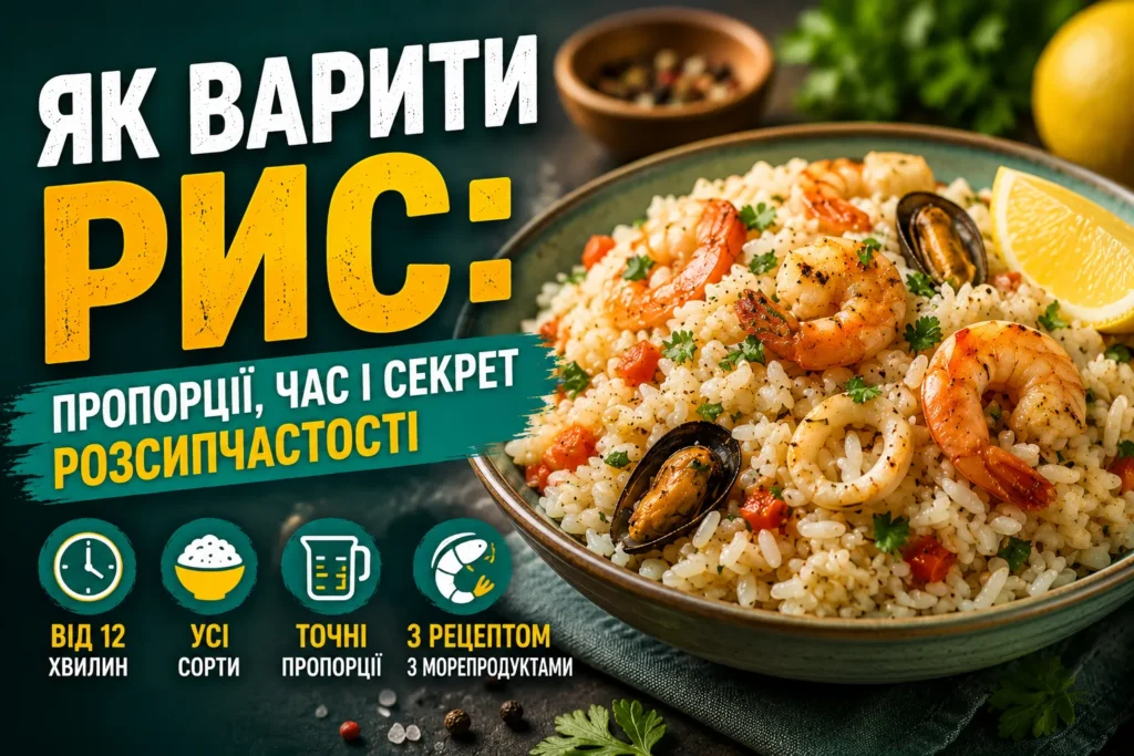 Рис із морепродуктами в мисці — розсипчастий рис із креветками, мідіями, кальмарами та часточкою лимона