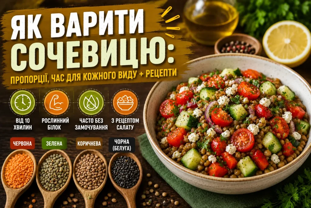 Салат із сочевицею у мисці з чері, огірком і фетою, поруч ложки з червоною, зеленою, коричневою та чорною сочевицею