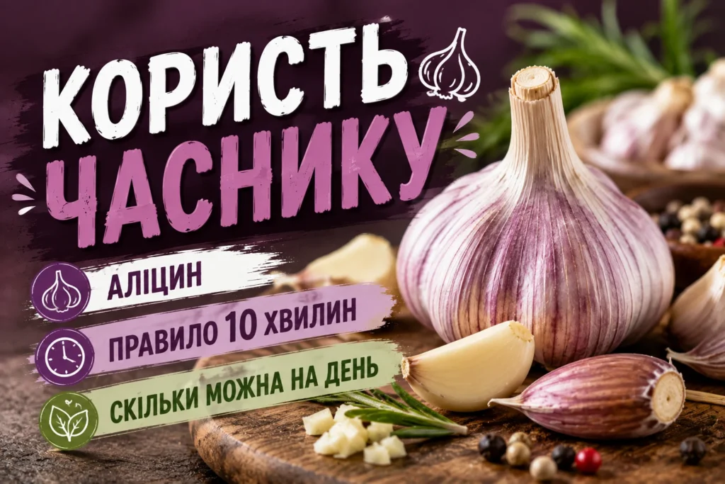 Головка часнику з фіолетовим лушпинням, очищені зубчики й подрібнений часник на дерев'яній дошці