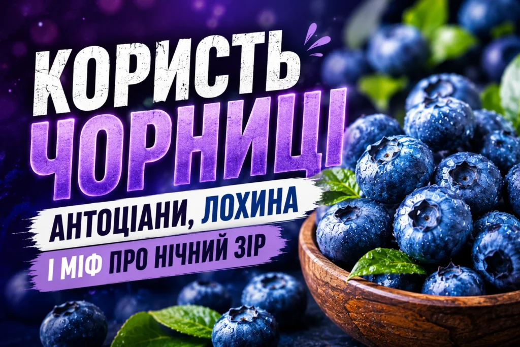 Стигла чорниця в дерев'яній мисці з краплями води та зеленим листям