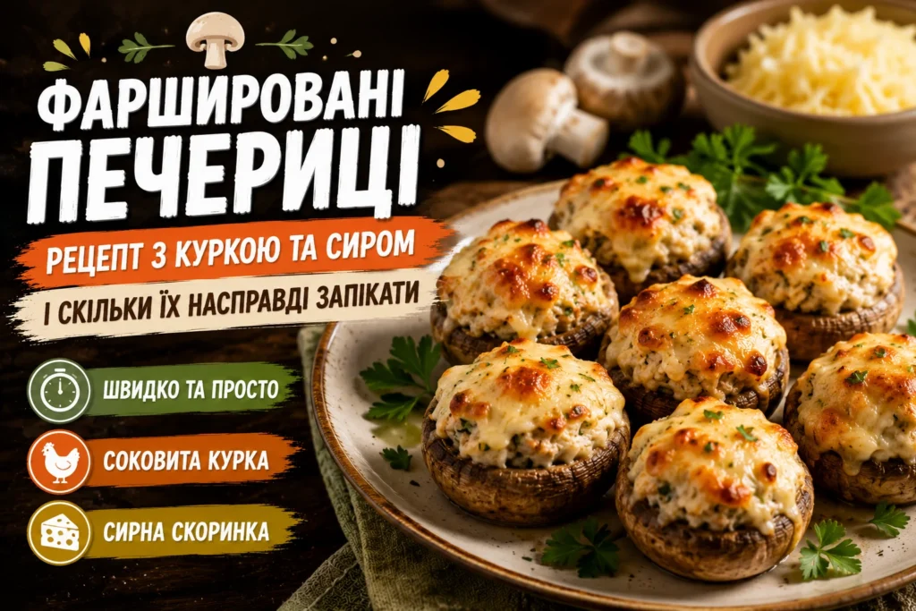 Фаршировані печериці з курячим філе та розплавленим сиром на тарілці зі свіжою петрушкою