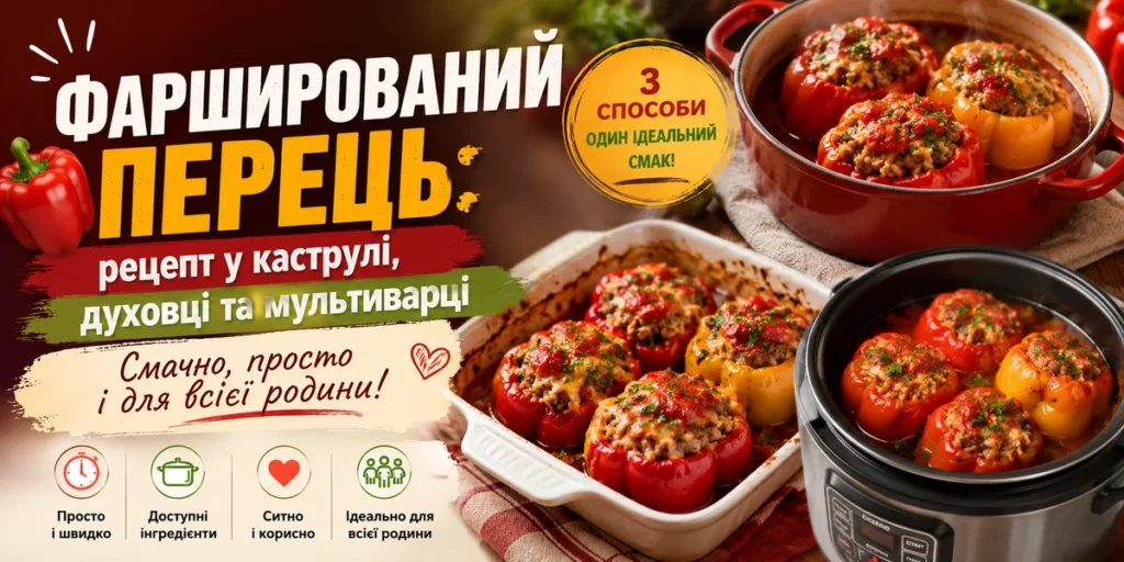 Фарширований перець з фаршем і рисом у томатному соусі: у каструлі, формі для запікання та мультиварці