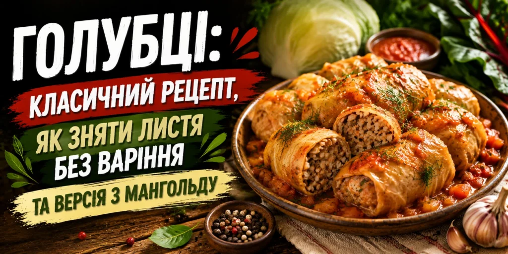 Голубці з капустяного листя в томатному соусі на тарілці, поруч качан капусти, листя мангольду та часник