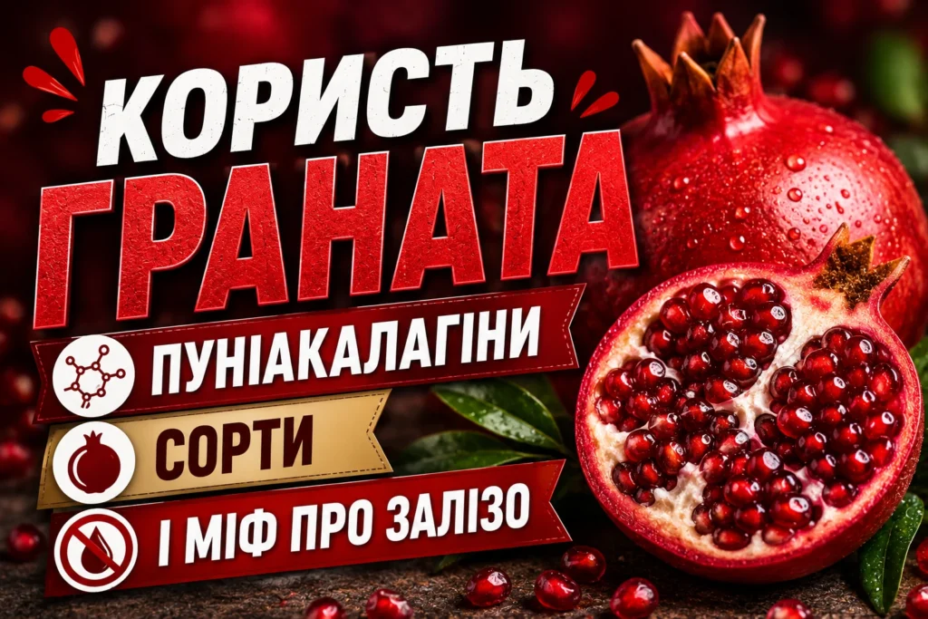 Розрізаний гранат із яскраво-червоними зернами на темному фоні, поруч цілий плід і зелене листя