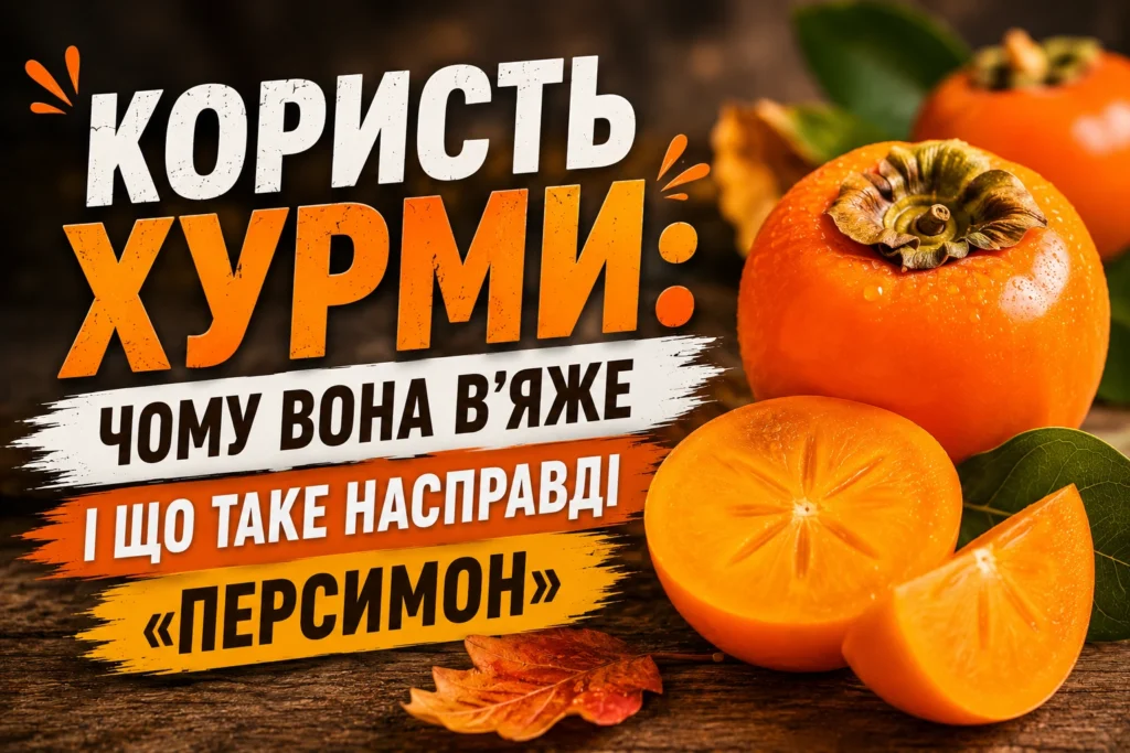 Стигла хурма на дерев'яному столі, розрізана навпіл, зі світло-помаранчевою м'якоттю та зеленим листям
