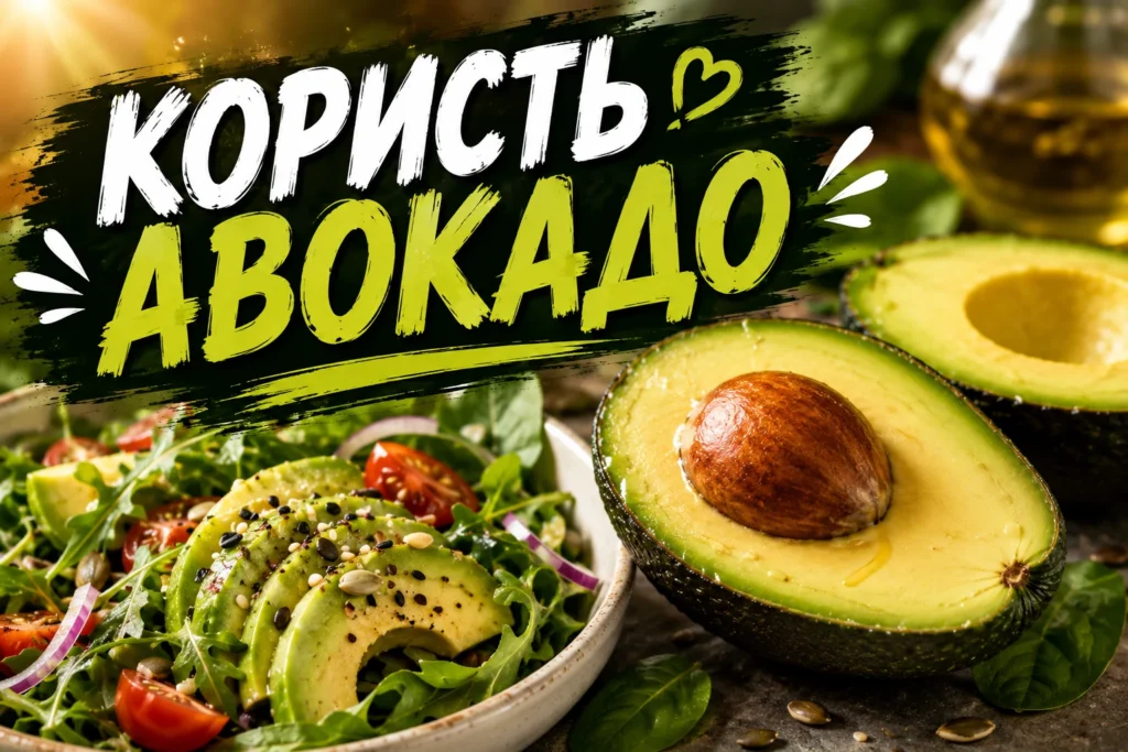 Половинка авокадо з кісточкою поруч із салатом з руколою, помідорами чері та скибками авокадо