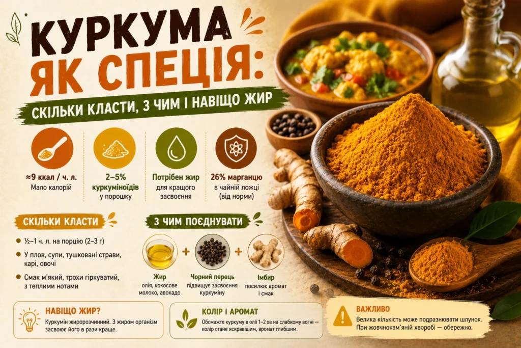Мелена куркума в мисці та ложці, свіжий корінь куркуми, чорний перець і карі з нутом на задньому плані